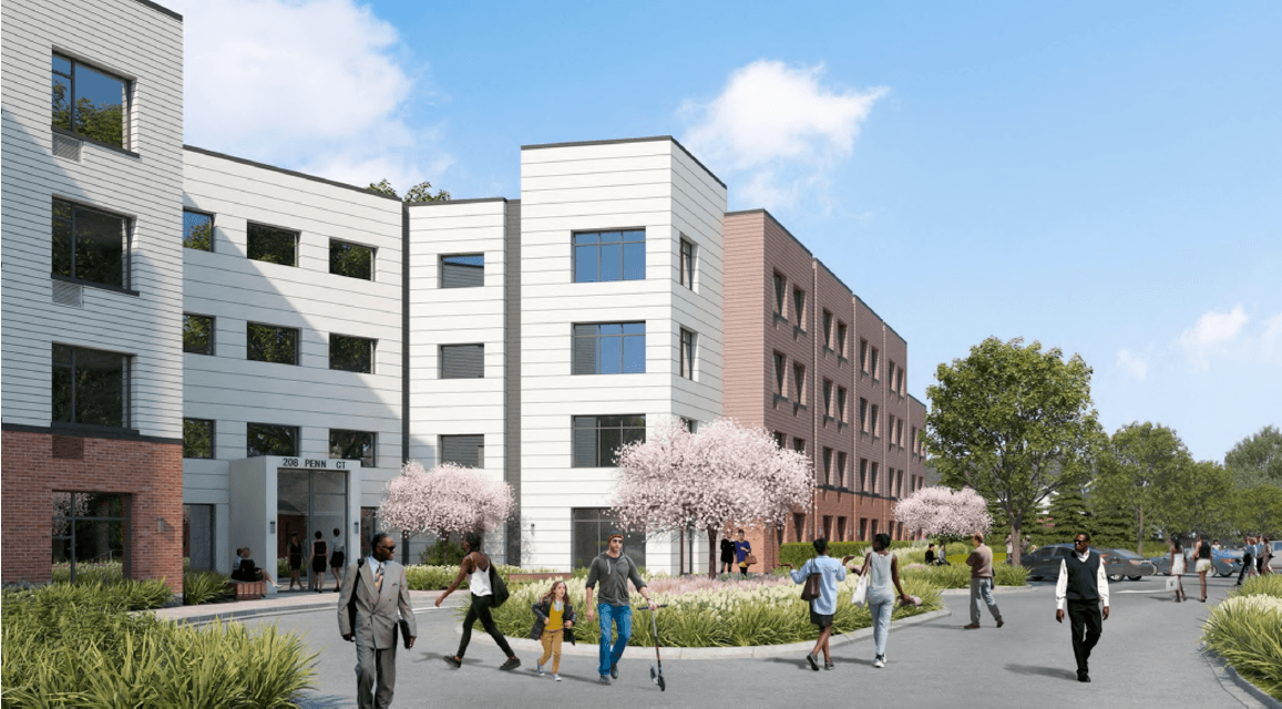 Kingston Housing Authority — Multi-Site Affordable Housing Initiative — Penn Court — streetscape rendering with residents and cherry blossoms