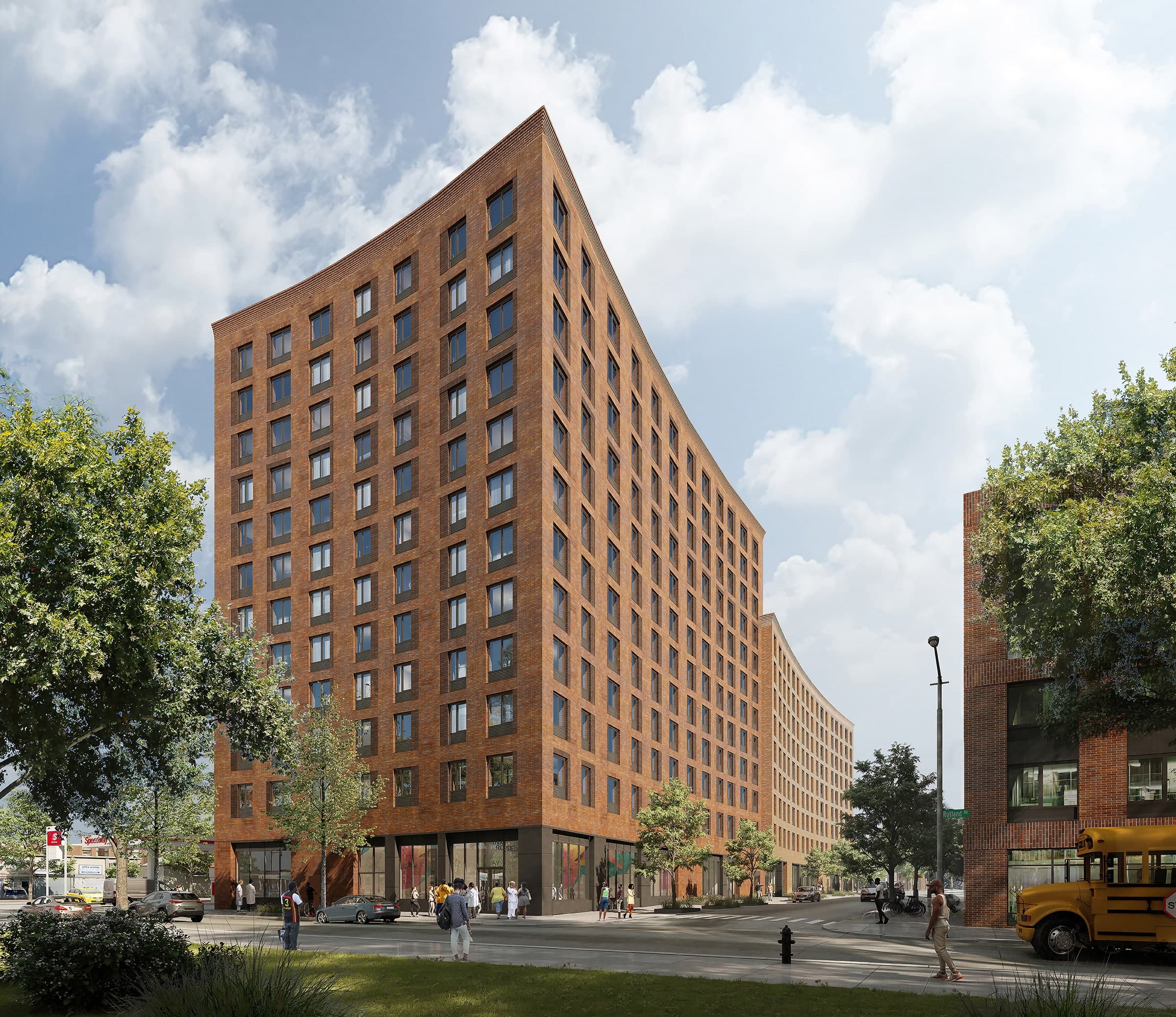 Utica Crescent — Utica Crescent — corner view rendering of the curved brick tower