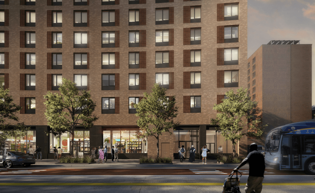 Utica Crescent — pedestrian-level view with shopfronts and bus stop along Utica Avenue