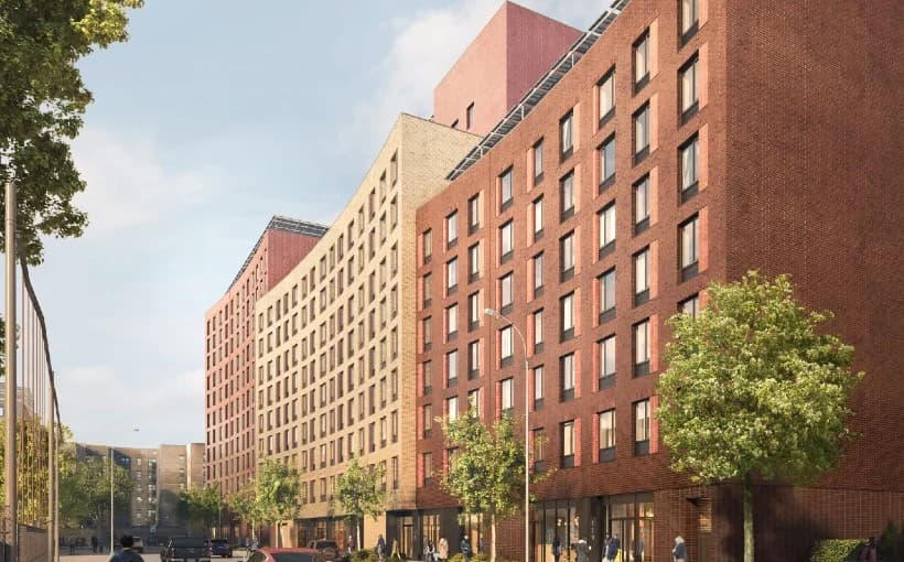 Utica Crescent — streetscape view of the multi-tower brick facade