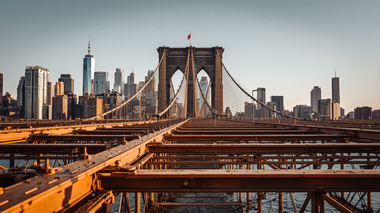The Brooklyn Bridge towers and cables